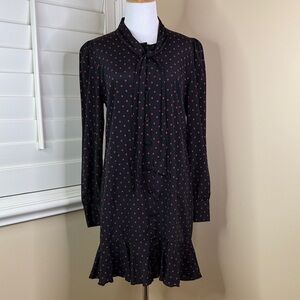 Veronica Beard Black Dress with Red Polka Dots and Tie Neck Ruffle Hem